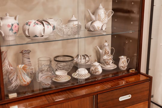 A china set in a cabinet